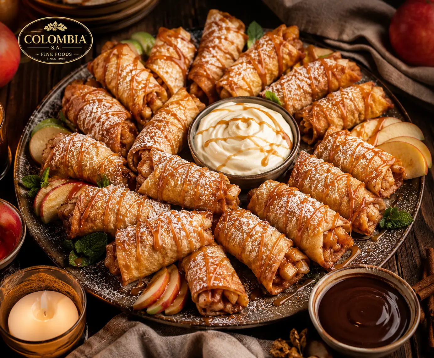 Catering platter of golden-fried Miniella Apple Rolls with powdered sugar, caramel drizzle, and dipping sauces on a dark wood table, professional food photography.