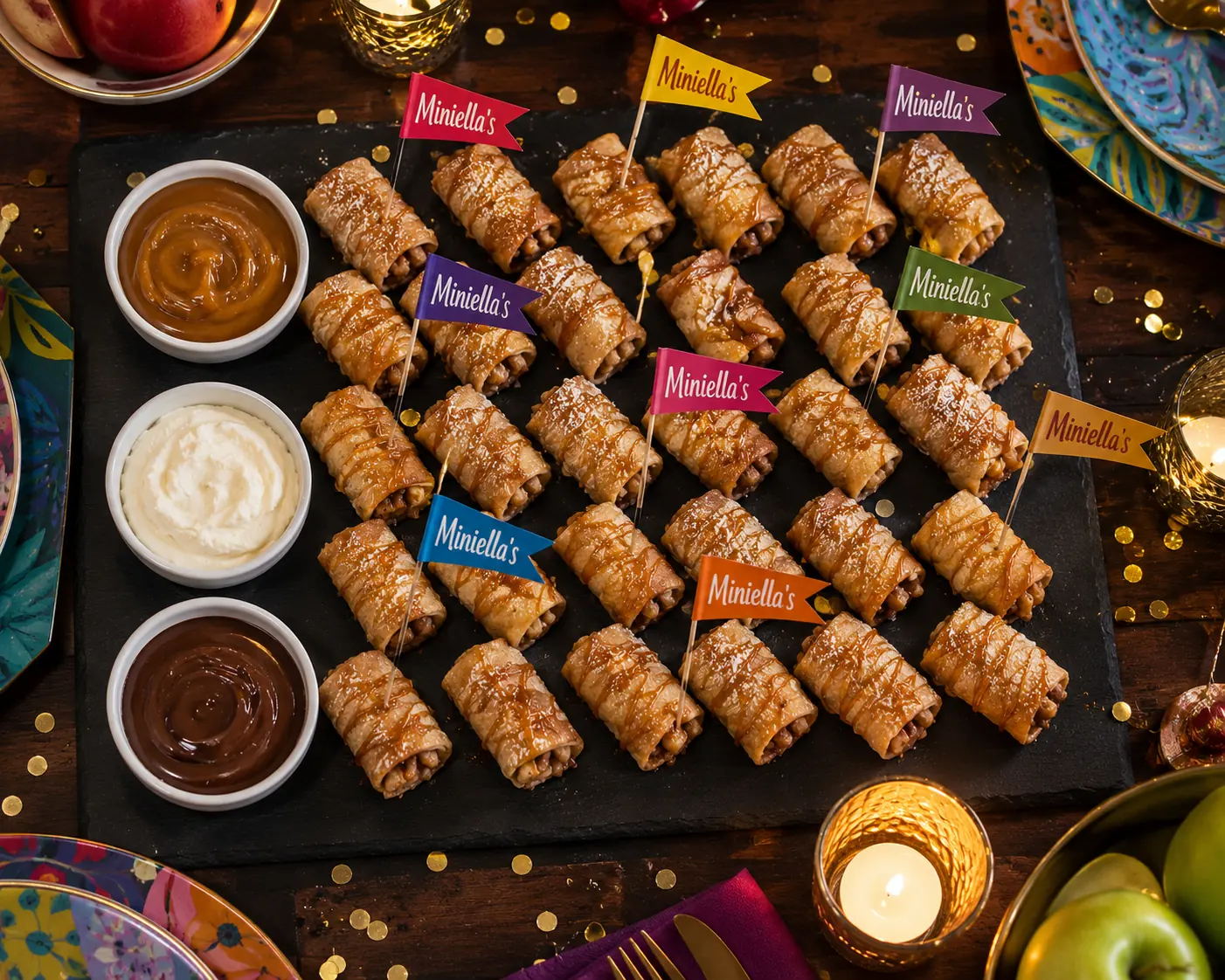 Bite-sized mini Miniella Apple Rolls on a black slate platter with three dipping sauces and party toothpicks, overhead warm lighting.