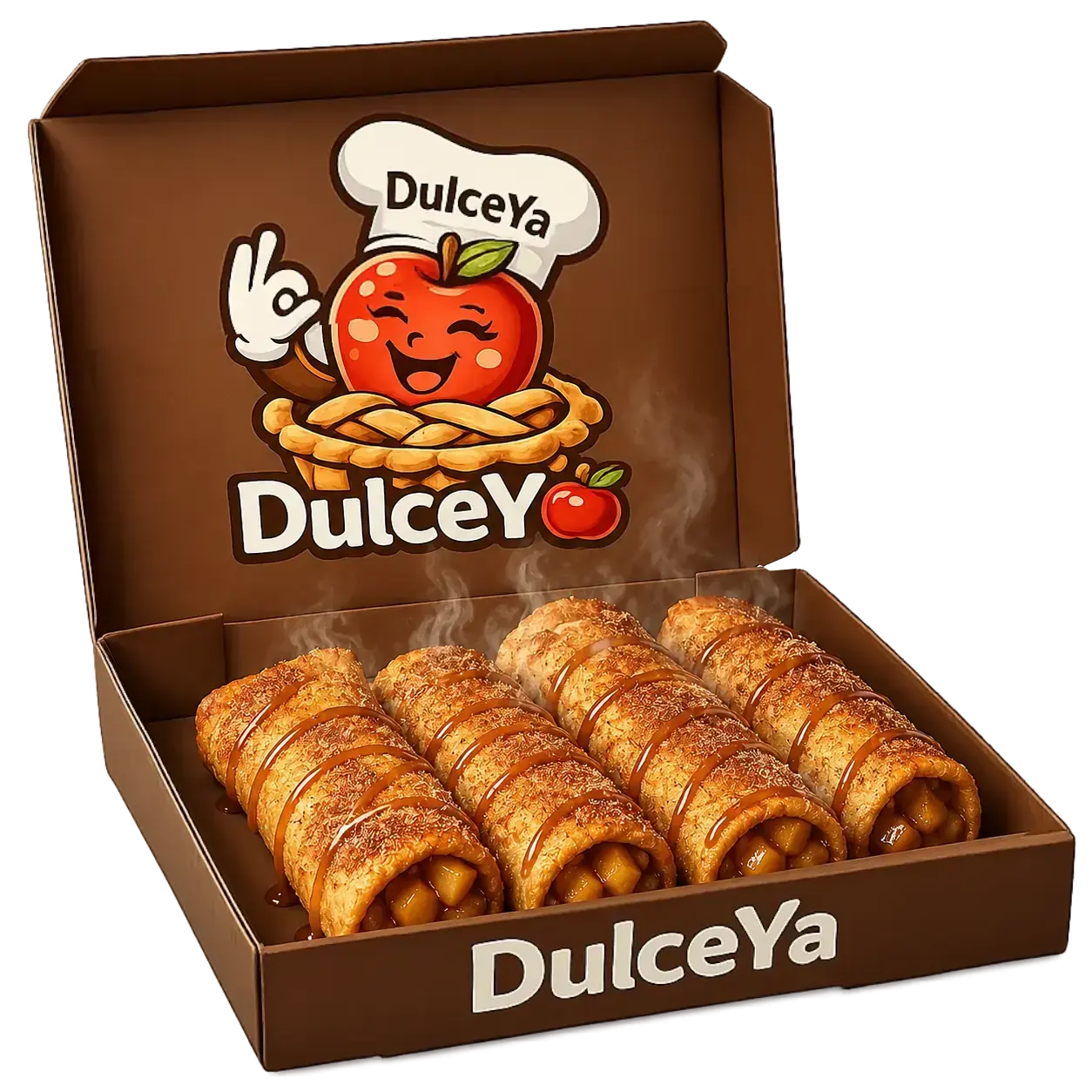 Opened branded shipping box with frozen Miniella Apple Rolls in individual compartments, delivery note, clean studio lighting.