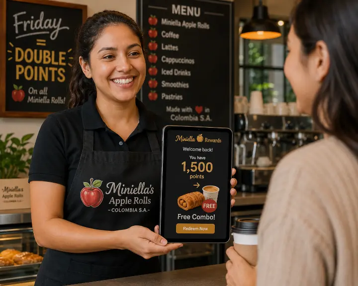 Barista holding tablet showing '1,500 points → Free Combo', menu board says 'Friday = Double Points', bright café.