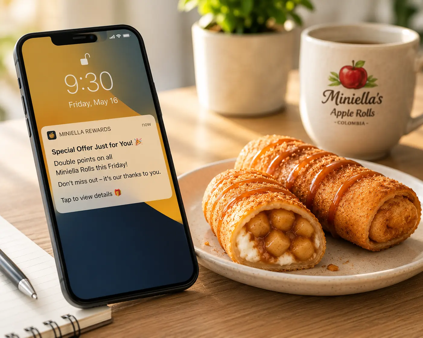 Smartphone showing 'Double points on all Miniella Rolls this Friday' offer, next to a plate with two Miniella Apple Rolls, soft morning light.